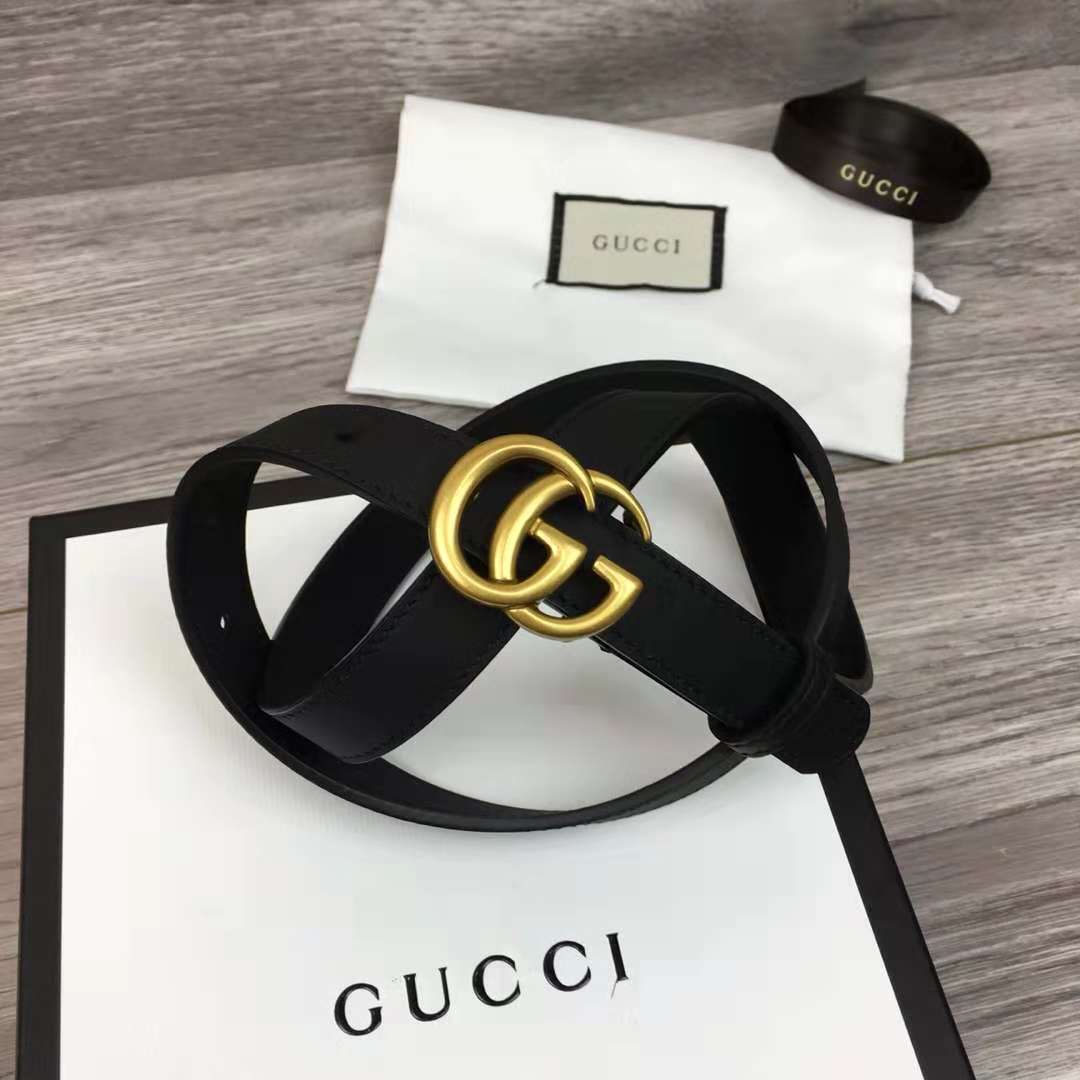 Gucci Leather Black Belt With Double G Golden Buckle (2CM) - EUR FASHION