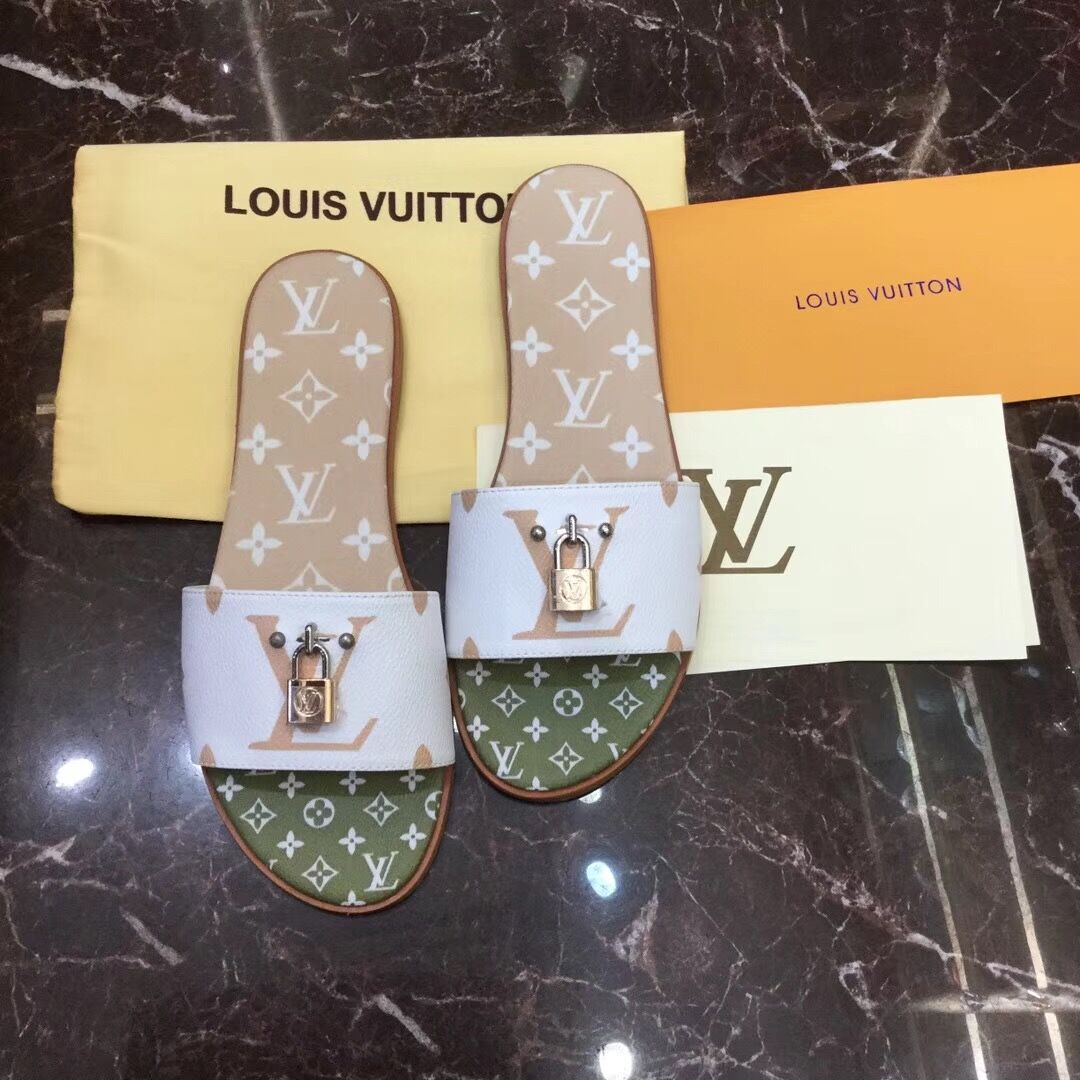 Louis Vuitton Lock It Flat Mule In White/ Moka Brown - EUR FASHION