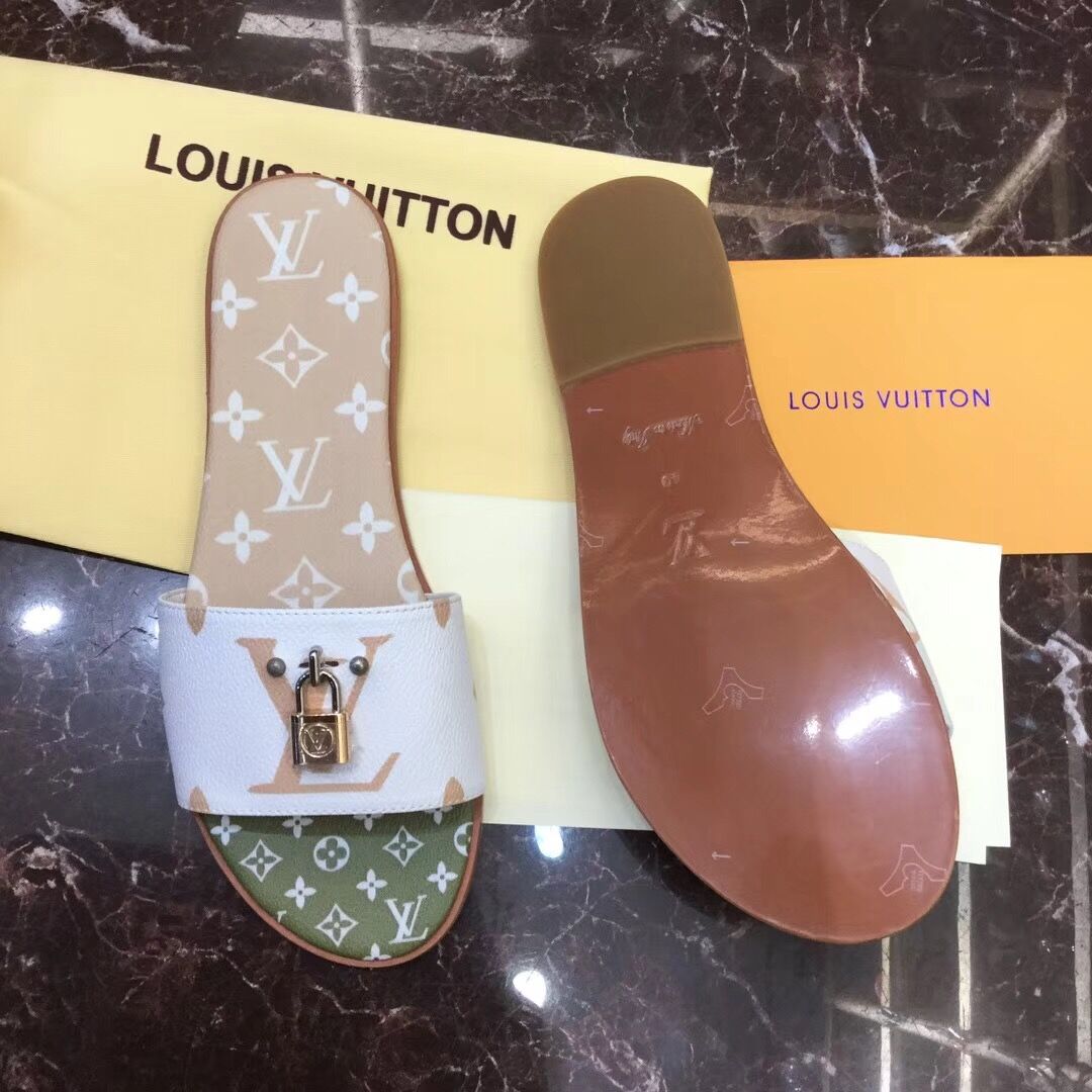 Louis Vuitton Lock It Flat Mule In White/ Moka Brown - EUR FASHION