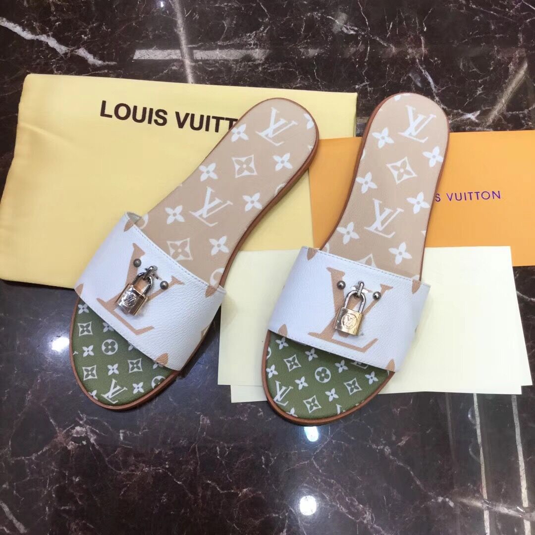 Louis Vuitton Lock It Flat Mule In White/ Moka Brown - EUR FASHION