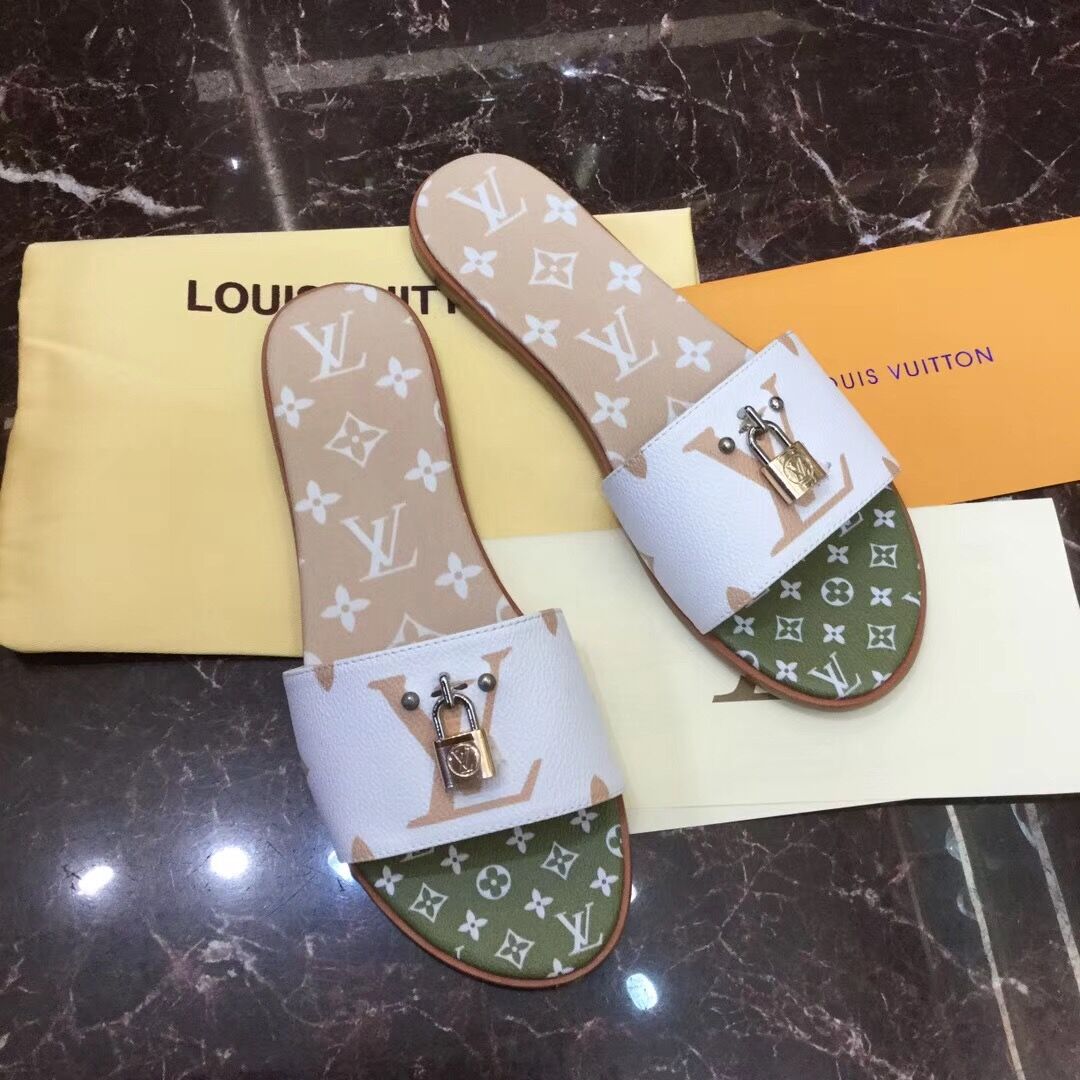 Louis Vuitton Lock It Flat Mule In White/ Moka Brown - EUR FASHION