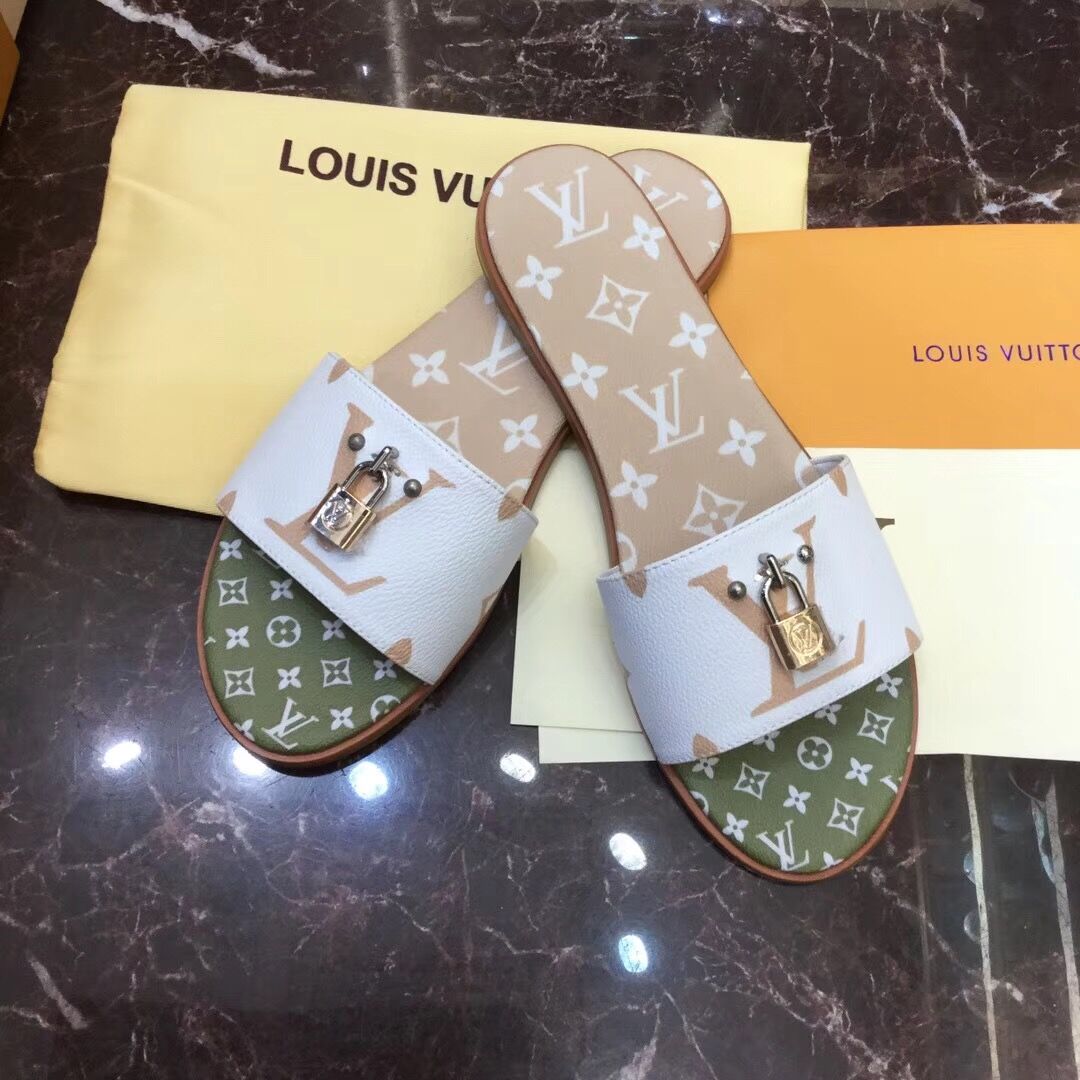 Louis Vuitton Lock It Flat Mule In White/ Moka Brown - EUR FASHION