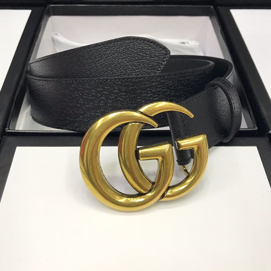 Gucci Leather Black Belt With Double G Golden Buckle  - EUR FASHION