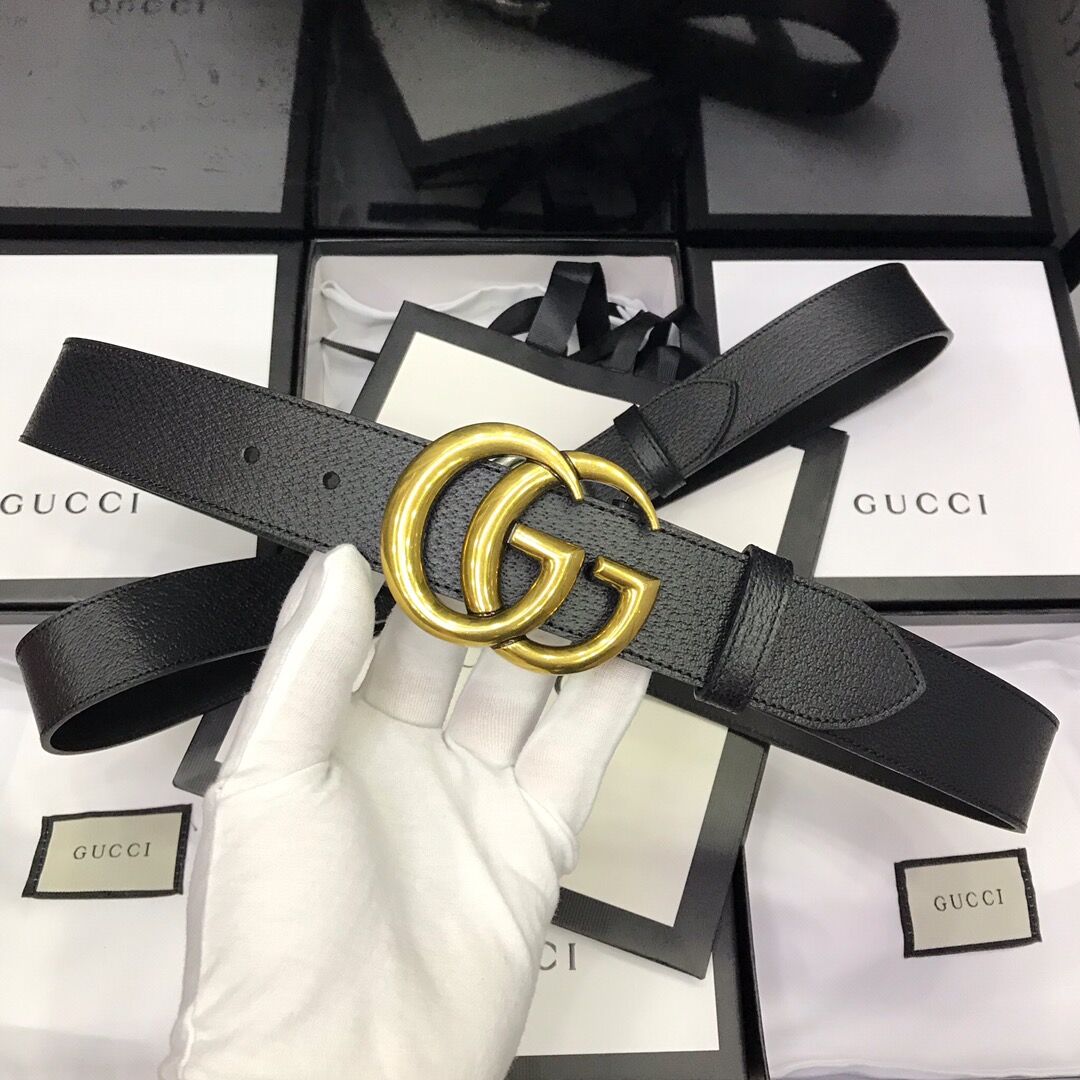 Gucci Leather Black Belt With Double G Golden Buckle  - EUR FASHION
