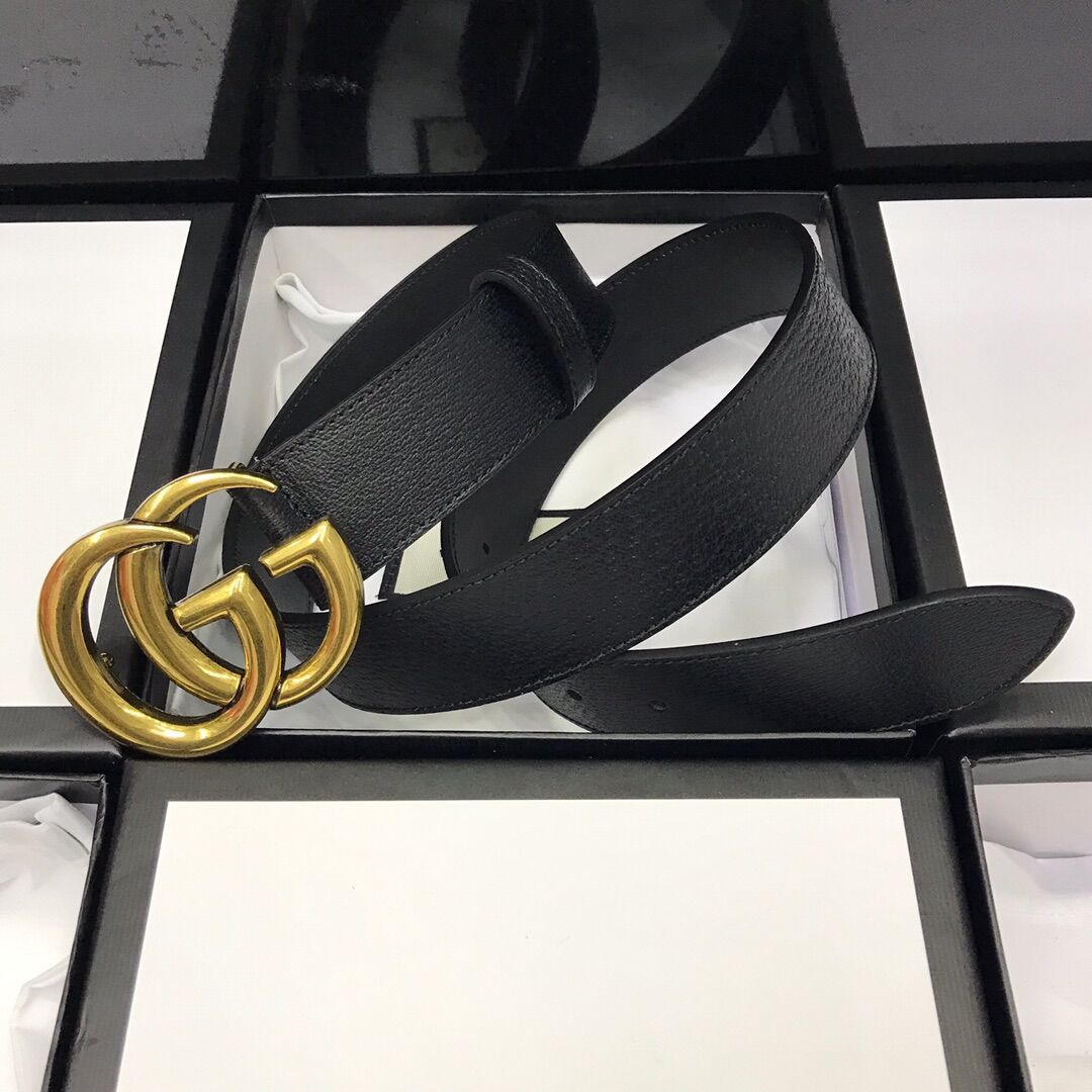 Gucci Leather Black Belt With Double G Golden Buckle  - EUR FASHION