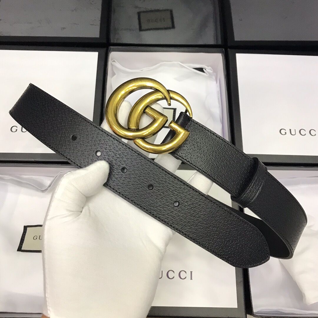 Gucci Leather Black Belt With Double G Golden Buckle  - EUR FASHION