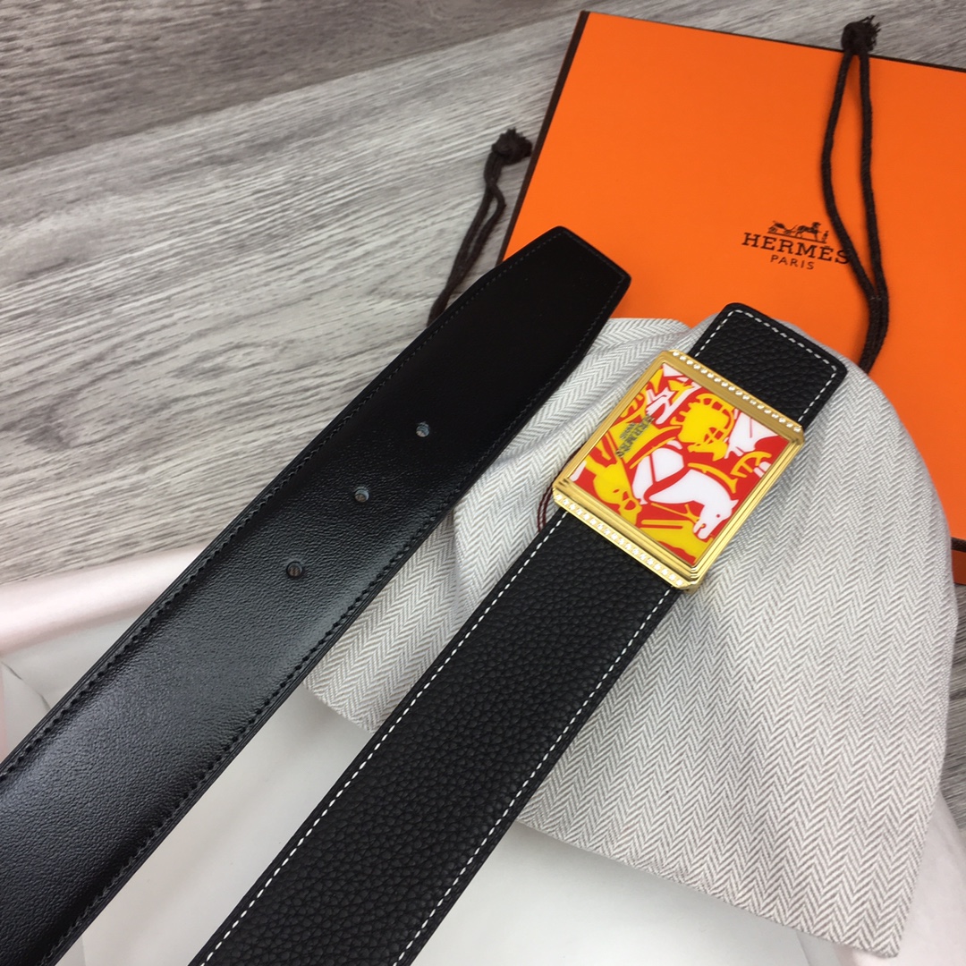 Hermes Black Leather Belt With   Enamel Buckle - EUR FASHION