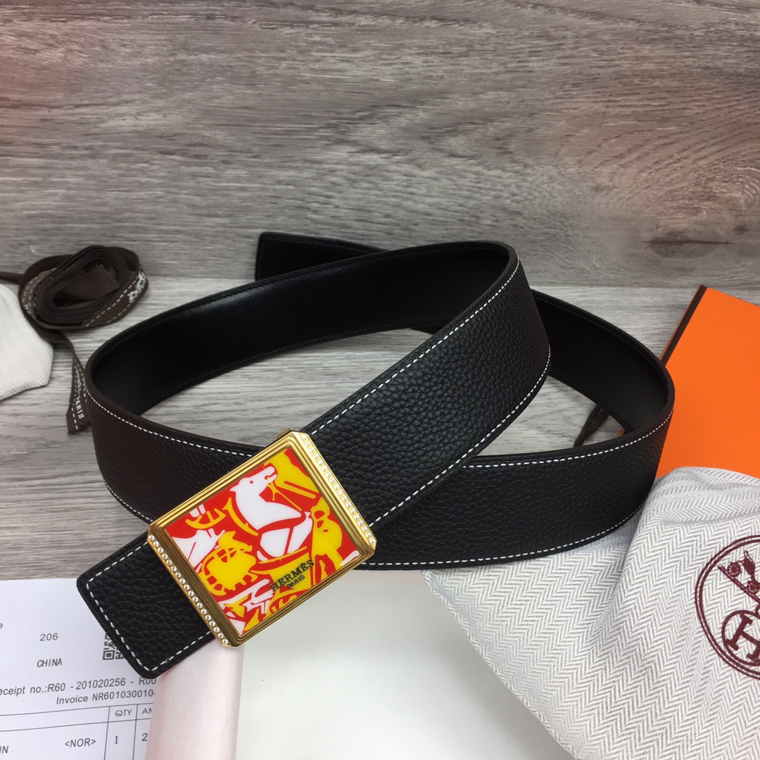Hermes Black Leather Belt With   Enamel Buckle - EUR FASHION