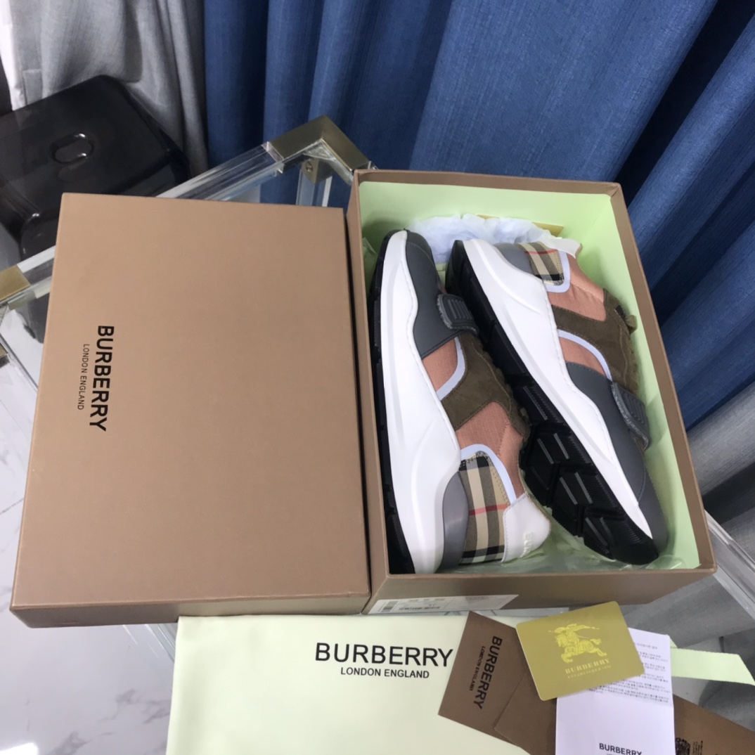 Burberry Check Cotton Canvas And Leather Sneakers - EUR FASHION