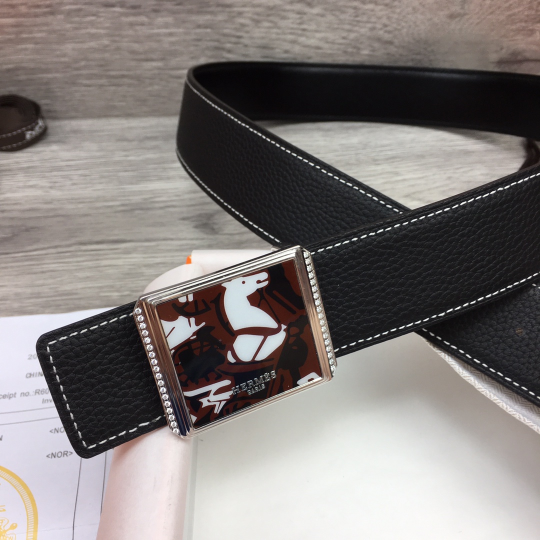 Hermes Black Leather Belt With   Enamel Buckle - EUR FASHION