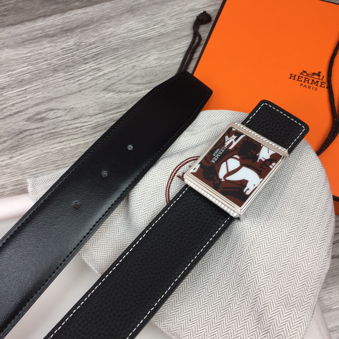 Hermes Black Leather Belt With   Enamel Buckle - EUR FASHION