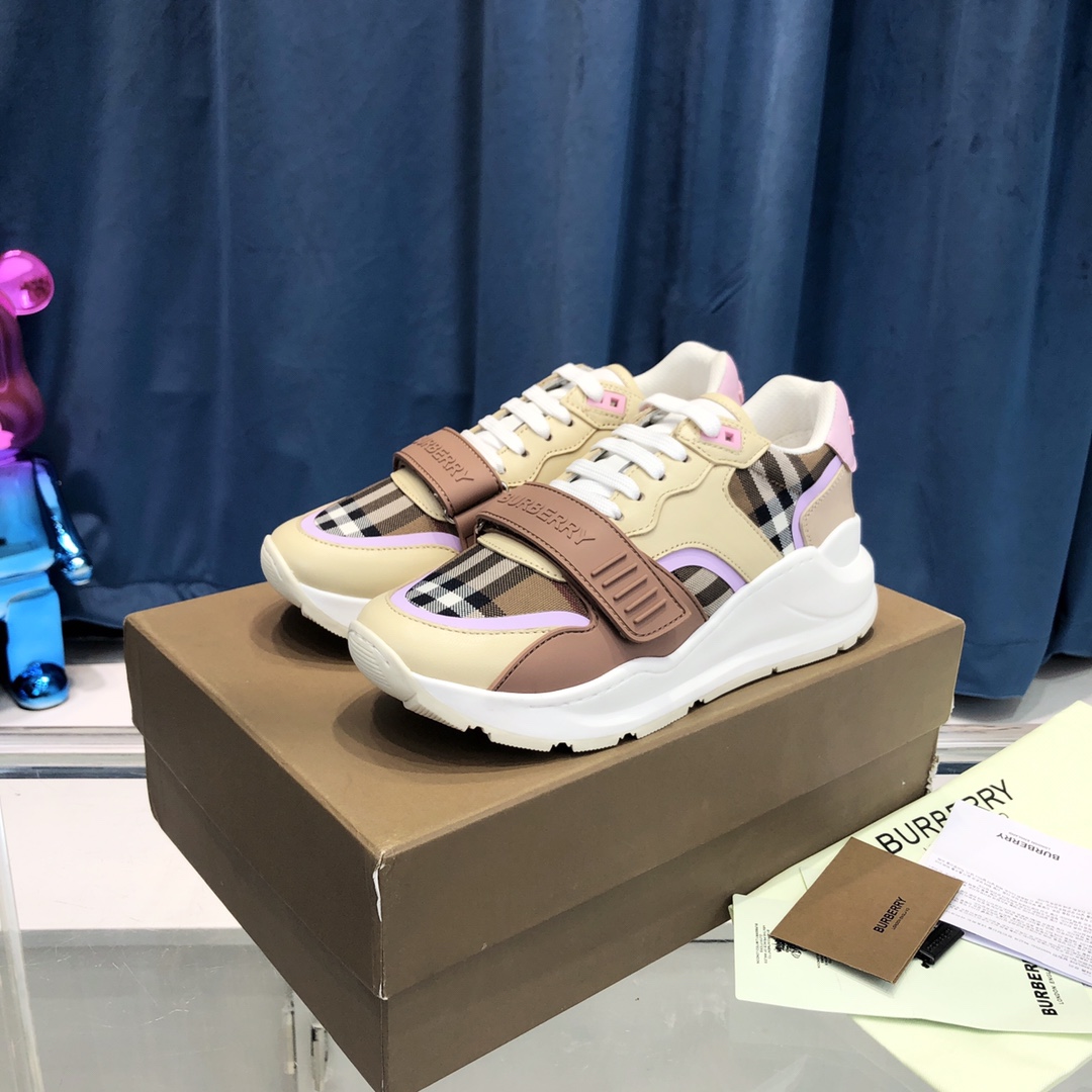 Burberry Check Cotton Canvas And Leather Sneakers - EUR FASHION