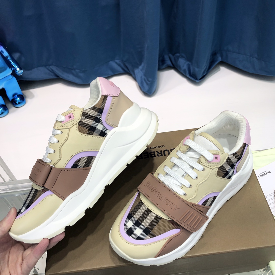 Burberry Check Cotton Canvas And Leather Sneakers - EUR FASHION