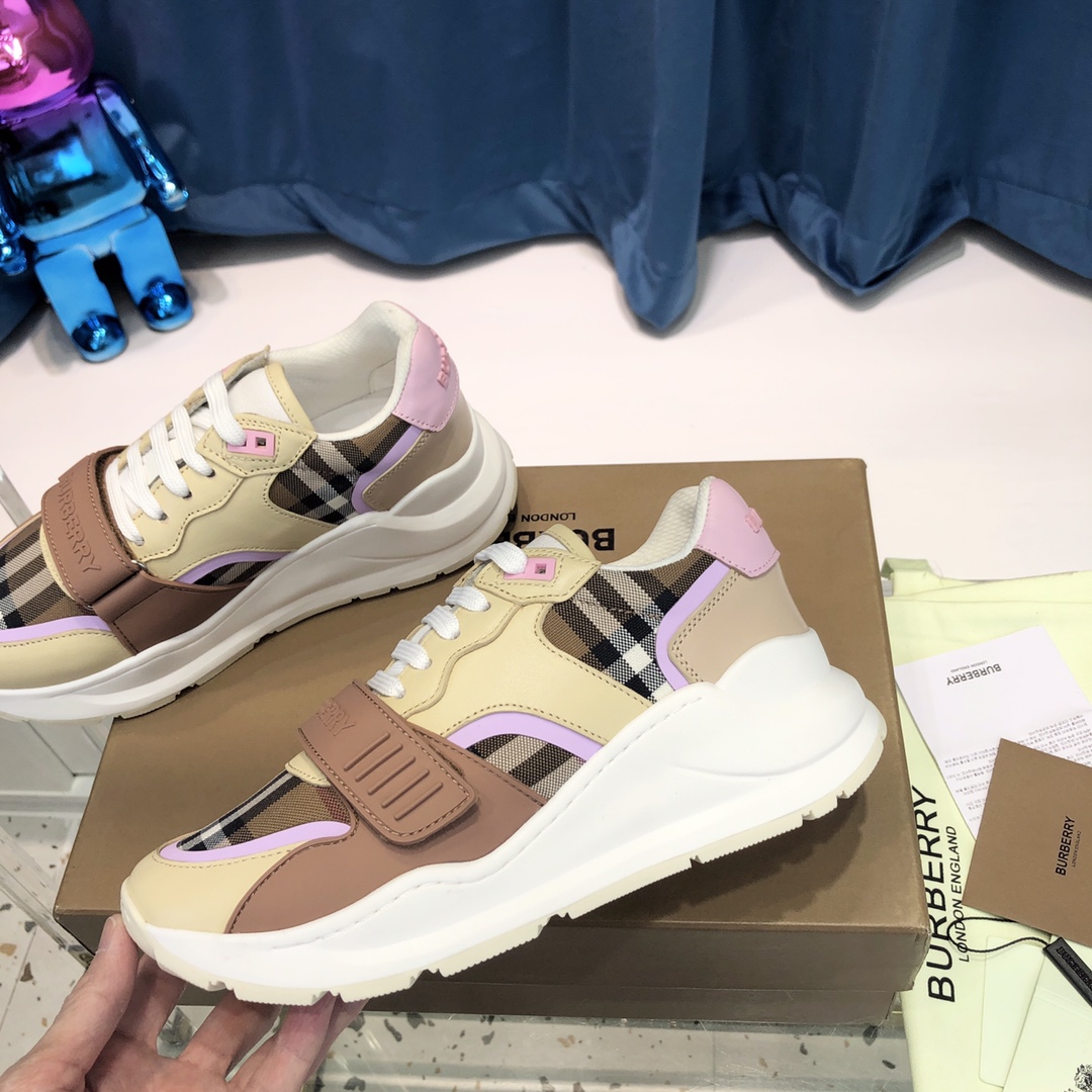 Burberry Check Cotton Canvas And Leather Sneakers - EUR FASHION