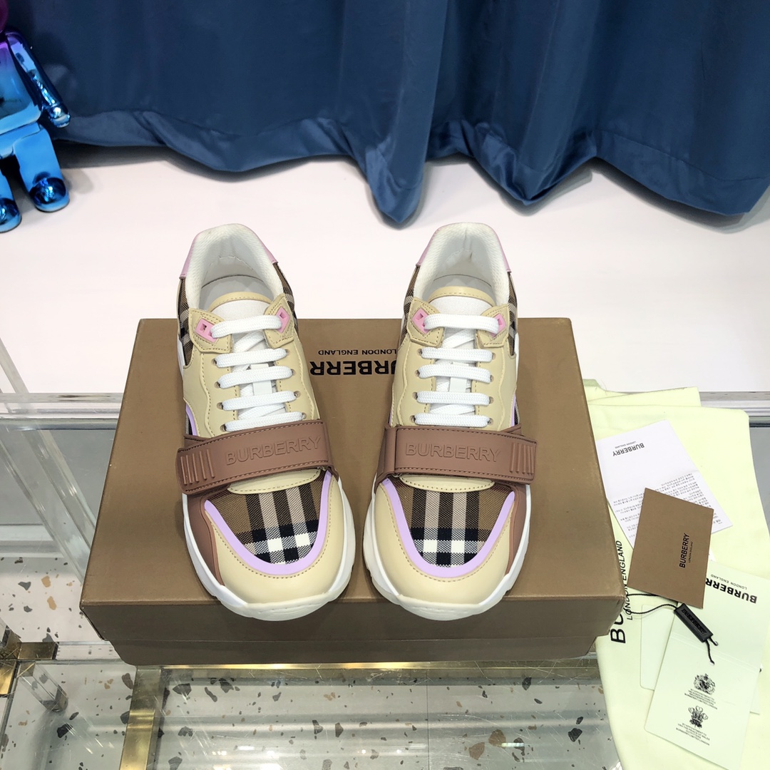 Burberry Check Cotton Canvas And Leather Sneakers - EUR FASHION