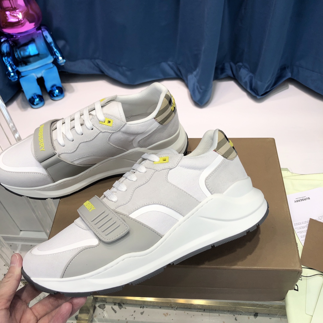 Burberry Check Cotton Canvas And Leather Sneakers - EUR FASHION