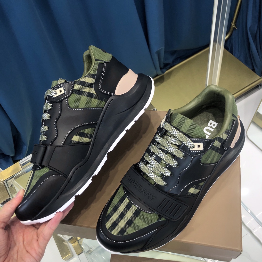 Burberry Check Cotton Canvas And Leather Sneakers - EUR FASHION