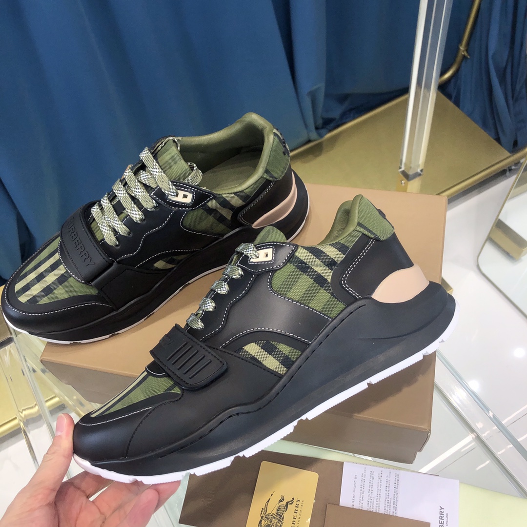Burberry Check Cotton Canvas And Leather Sneakers - EUR FASHION