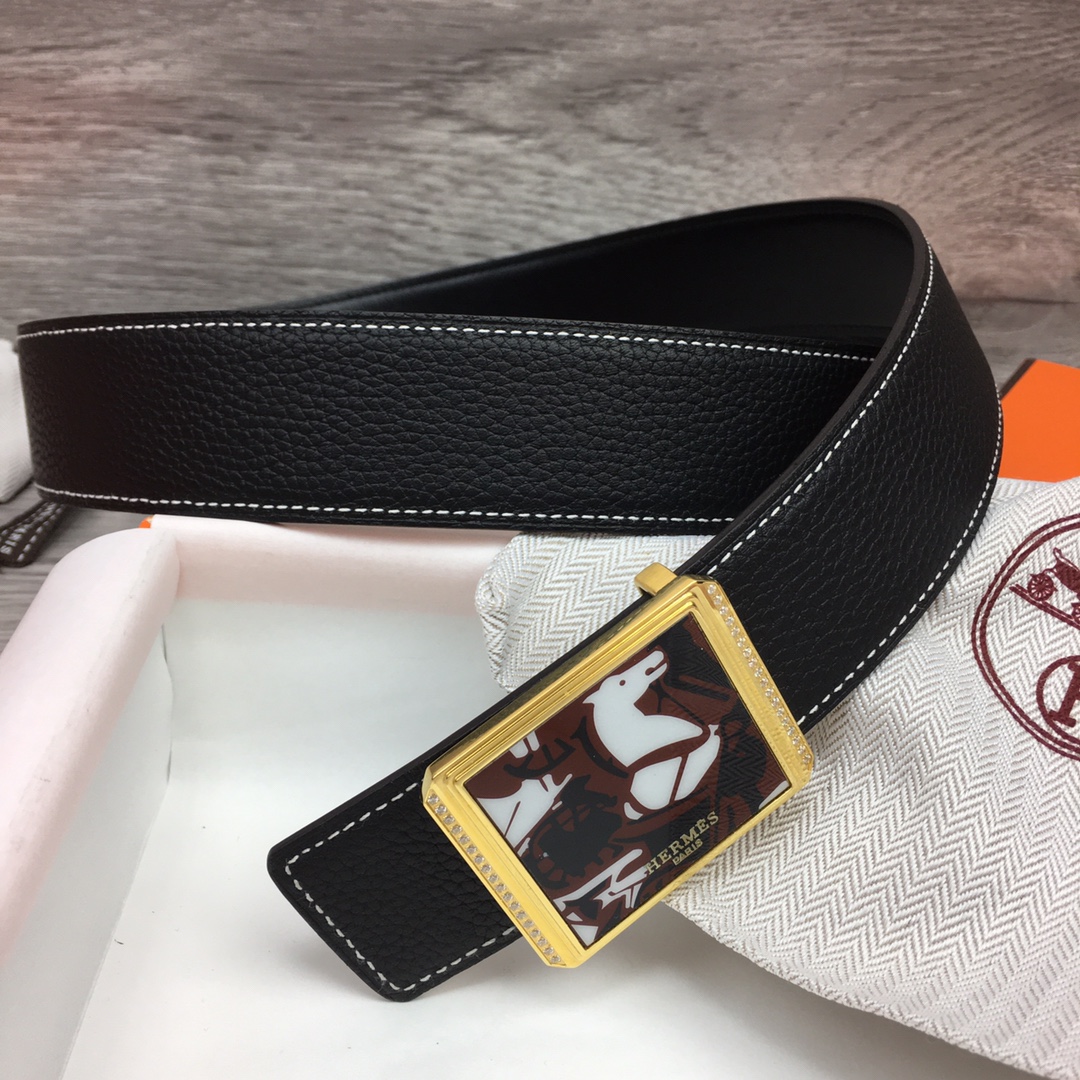 Hermes Black Leather Belt With   Enamel Buckle - EUR FASHION