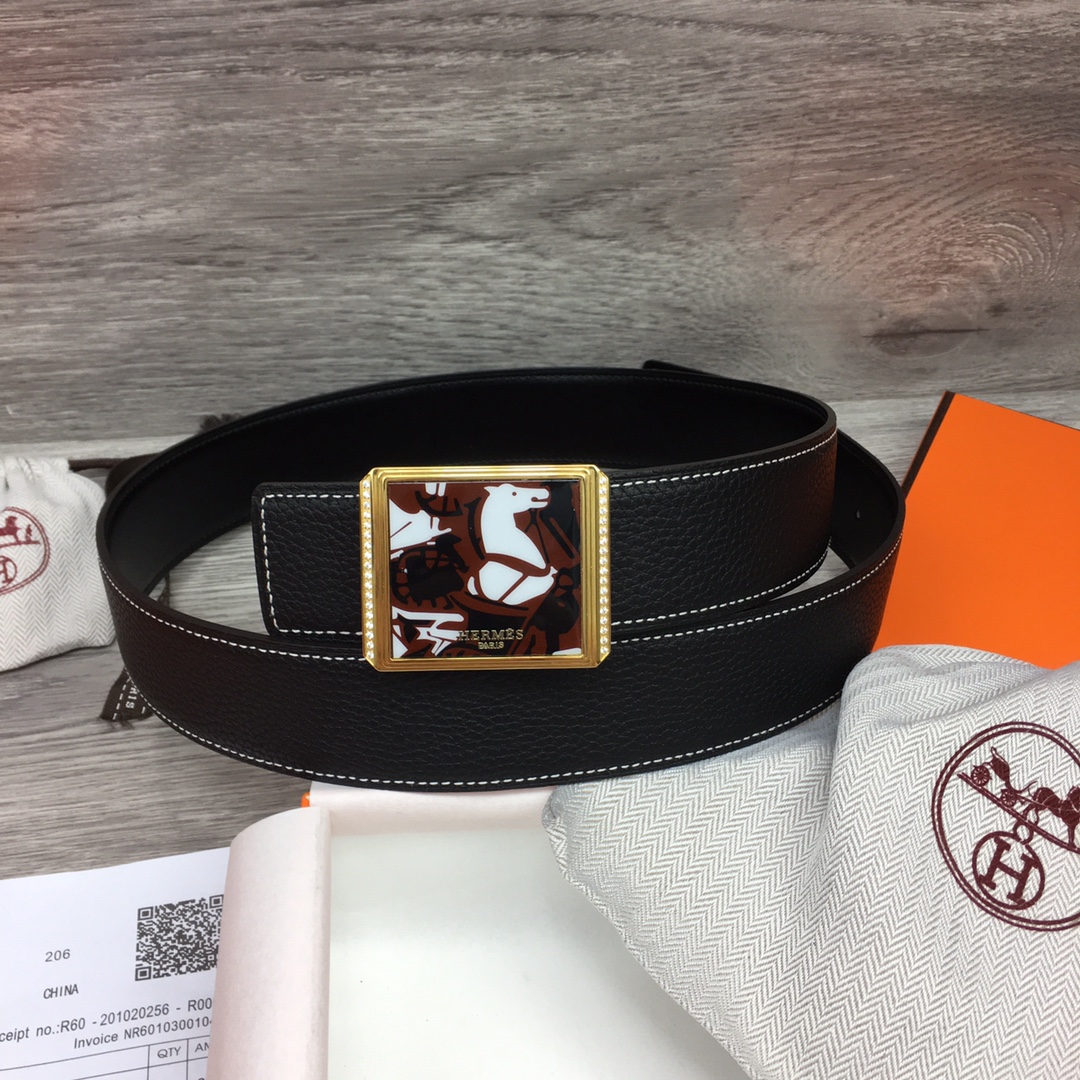 Hermes Black Leather Belt With   Enamel Buckle - EUR FASHION
