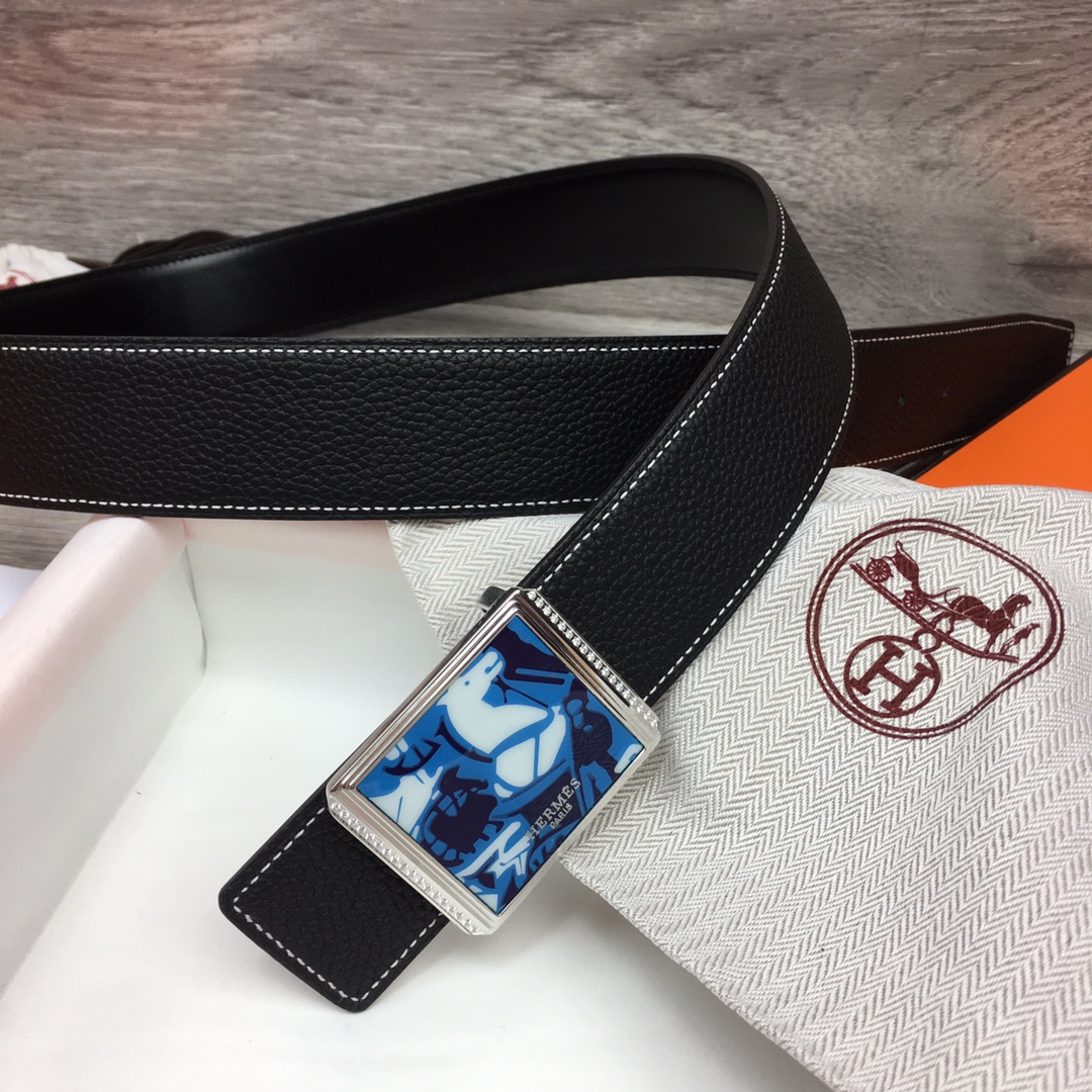 Hermes Black Leather Belt With   Enamel Buckle - EUR FASHION
