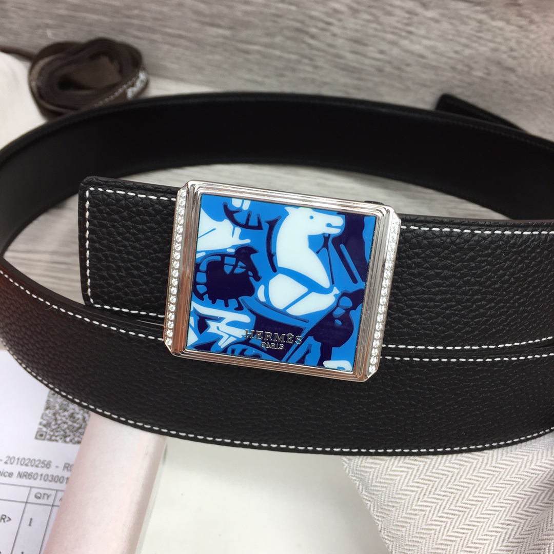Hermes Black Leather Belt With   Enamel Buckle - EUR FASHION