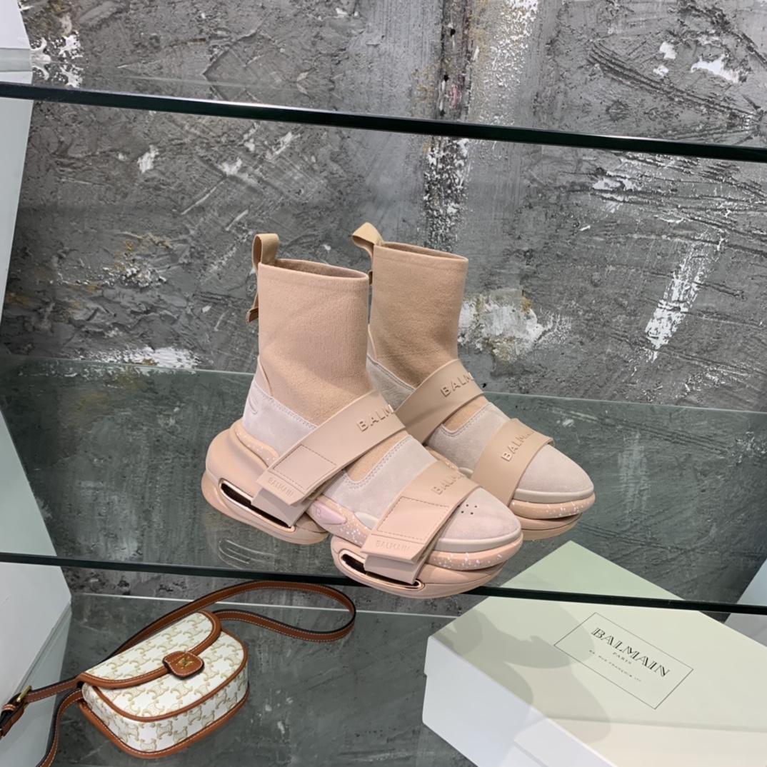Balmain High-Top Suede And Knit Bold Sneakers  - EUR FASHION