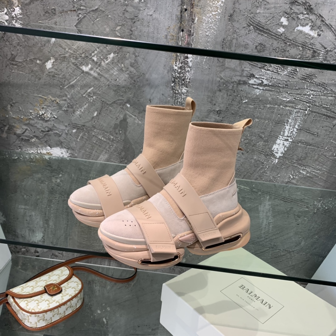 Balmain High-Top Suede And Knit Bold Sneakers  - EUR FASHION