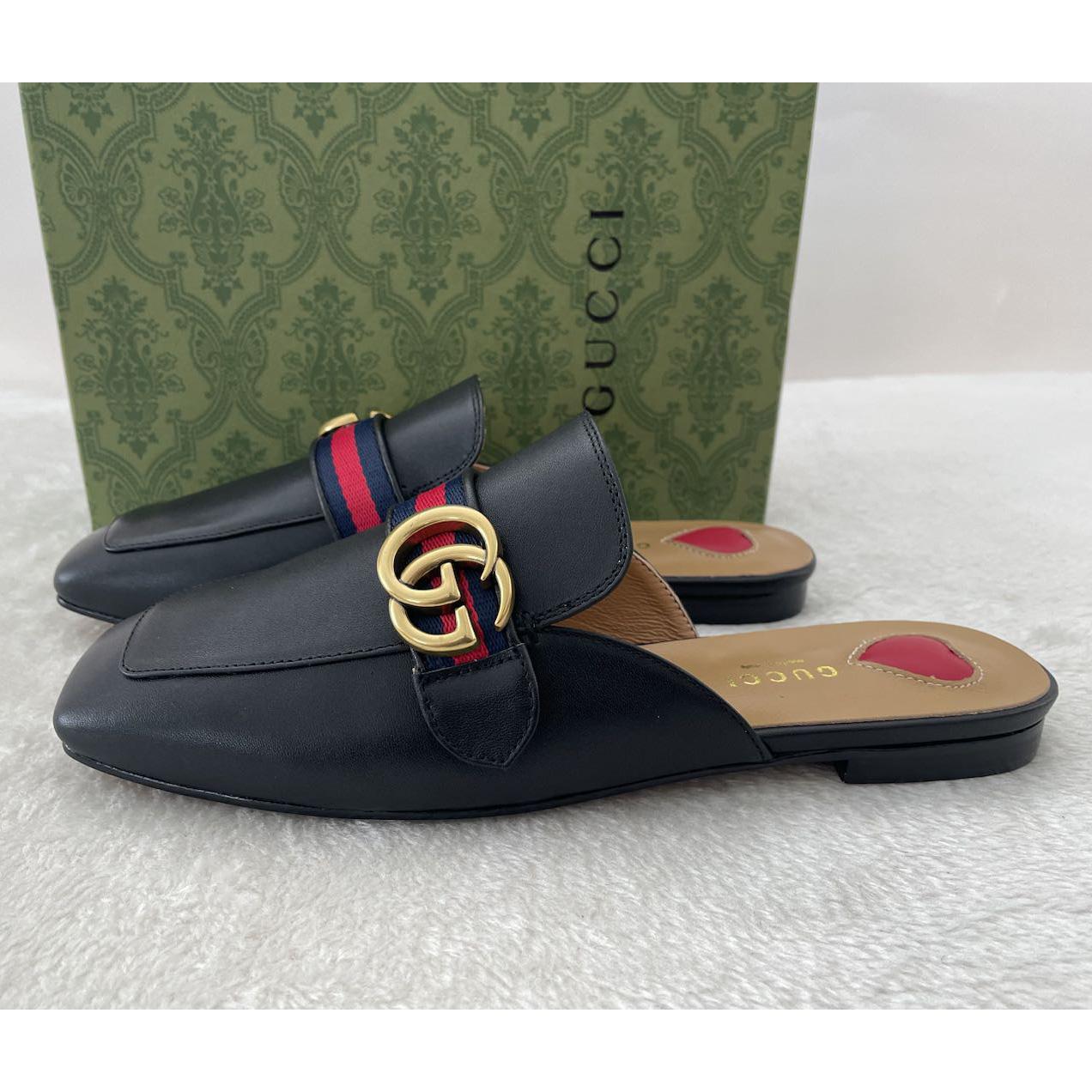 Gucci Princetown Leather Black Slipper With Double G - EUR FASHION