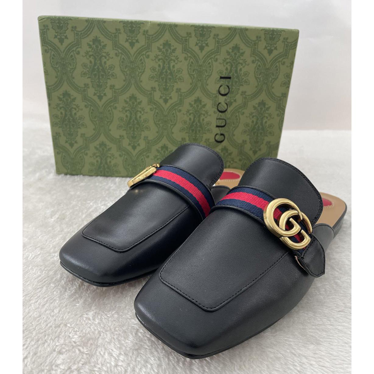 Gucci Princetown Leather Black Slipper With Double G - EUR FASHION
