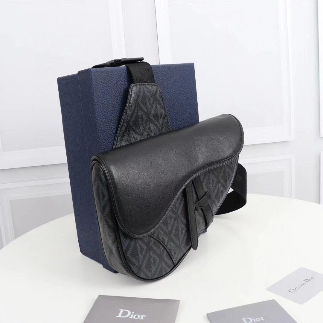 Dior Black CD Diamond Canvas And Smooth Calfskin Saddle Bag(26-19-4.5cm) - EUR FASHION