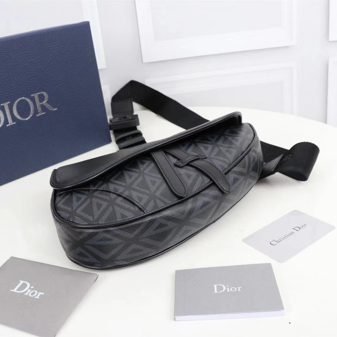 Dior Black CD Diamond Canvas And Smooth Calfskin Saddle Bag(26-19-4.5cm) - EUR FASHION