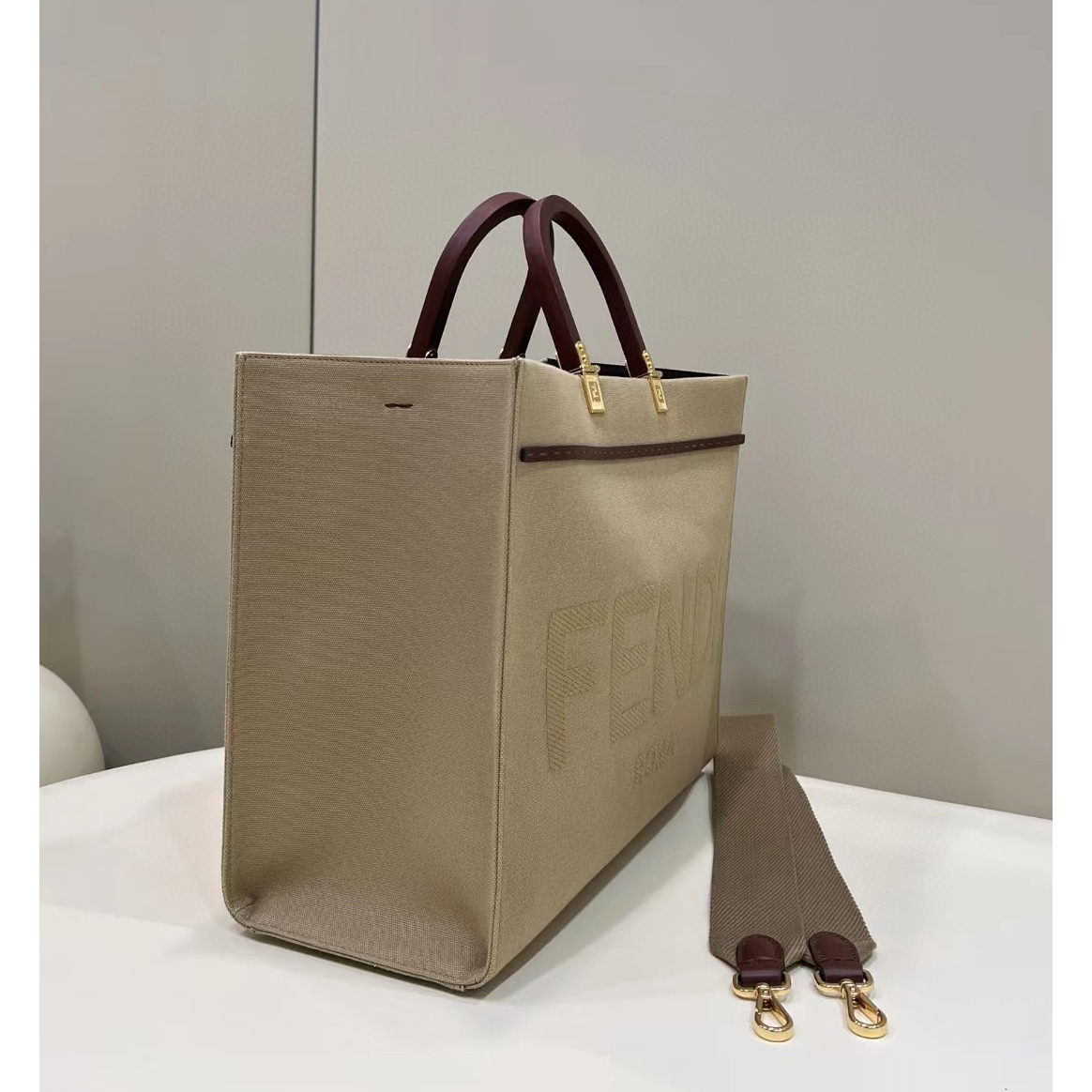 Fendi Sunshine Medium Beige Canvas Bag(35-31-17cm) - EUR FASHION