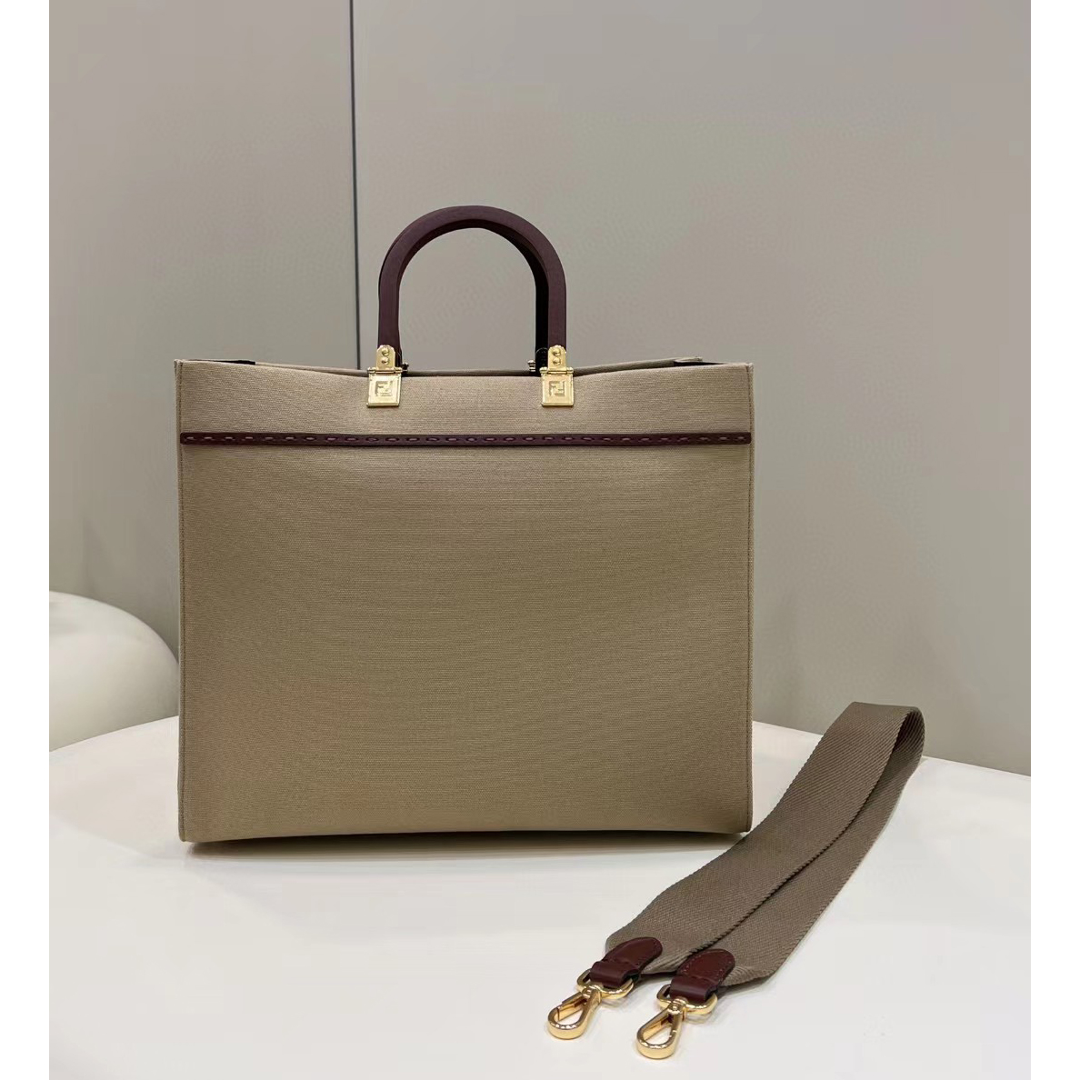 Fendi Sunshine Medium Beige Canvas Bag(35-31-17cm) - EUR FASHION