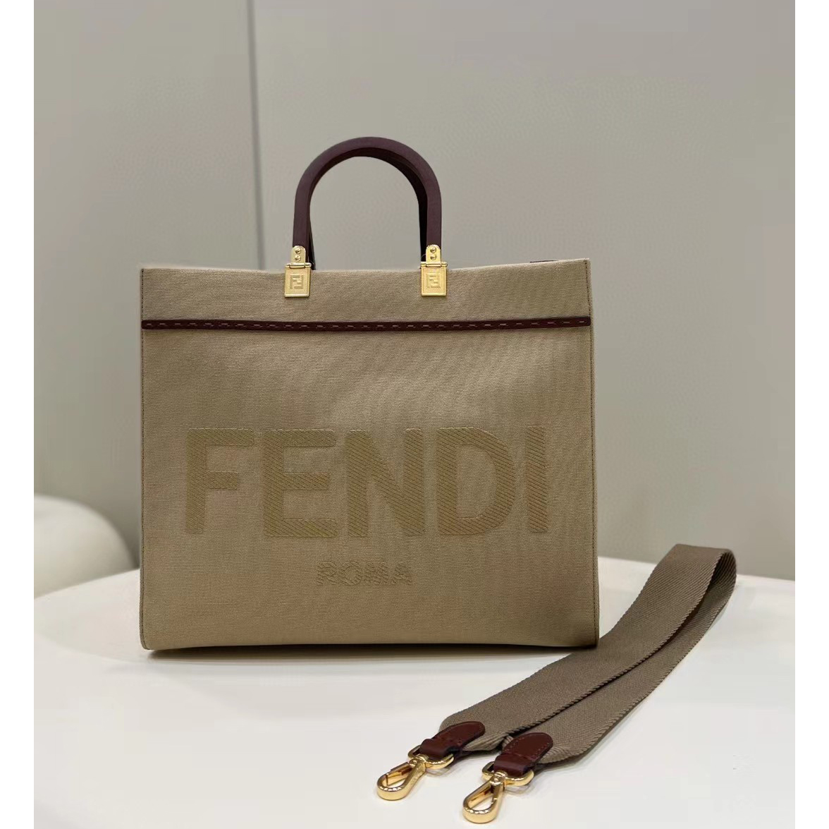 Fendi Sunshine Medium Beige Canvas Bag(35-31-17cm) - EUR FASHION