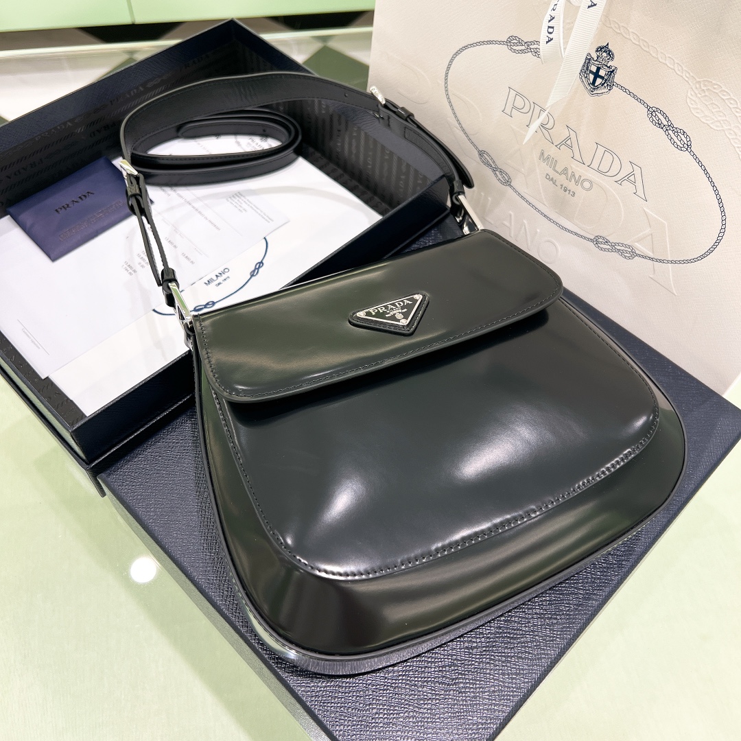Prada Cleo Brushed Leather Shoulder Bag In Black(24-19-6cm)   1BD303 - EUR FASHION
