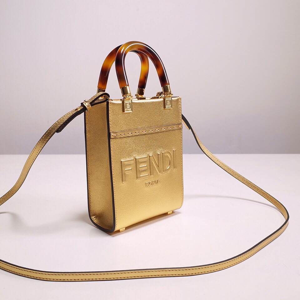 Fendi Mini Sunshine Shopper Bag In Gold Laminated Leather (13-18-6.5CM) - EUR FASHION