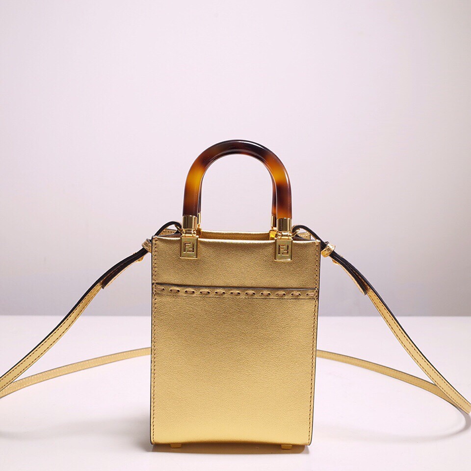 Fendi Mini Sunshine Shopper Bag In Gold Laminated Leather (13-18-6.5CM) - EUR FASHION