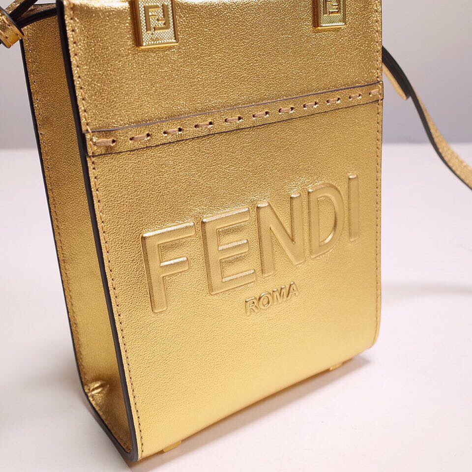 Fendi Mini Sunshine Shopper Bag In Gold Laminated Leather (13-18-6.5CM) - EUR FASHION