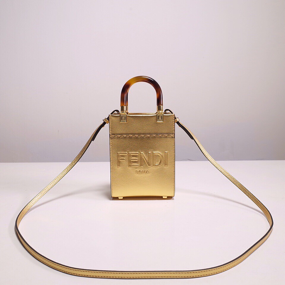 Fendi Mini Sunshine Shopper Bag In Gold Laminated Leather (13-18-6.5CM) - EUR FASHION