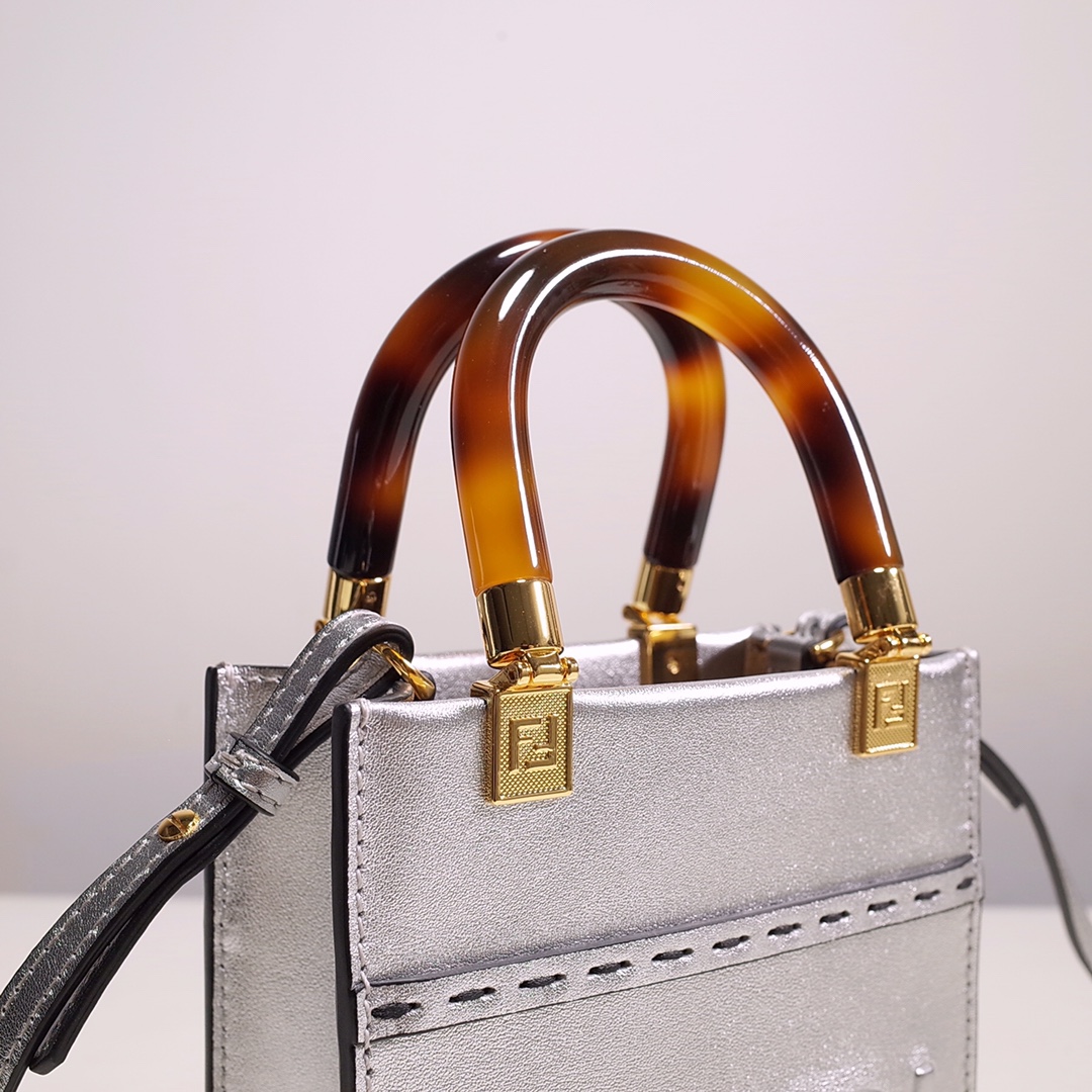 Fendi Mini Sunshine Shopper Bag In Silver Laminated Leather (13-18-6.5CM) - EUR FASHION