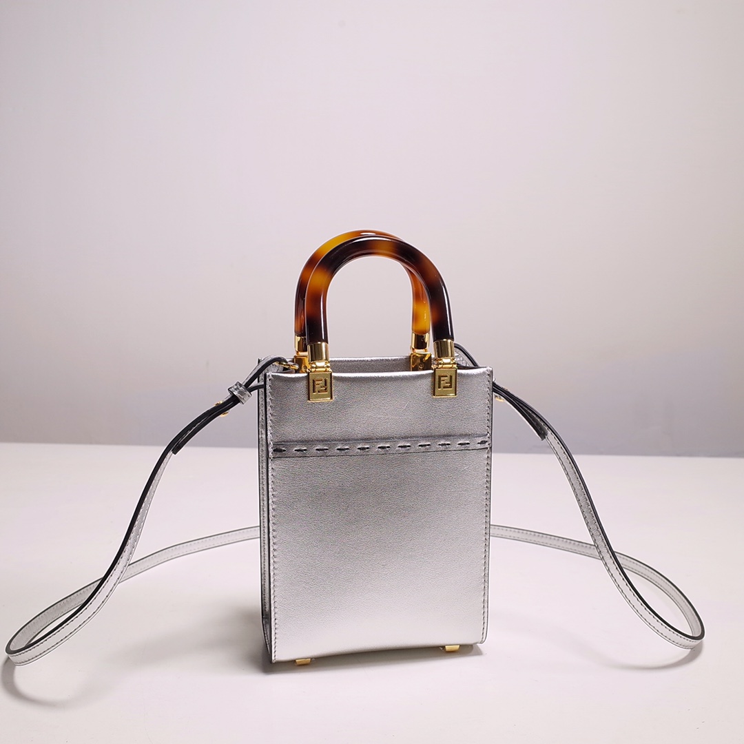 Fendi Mini Sunshine Shopper Bag In Silver Laminated Leather (13-18-6.5CM) - EUR FASHION