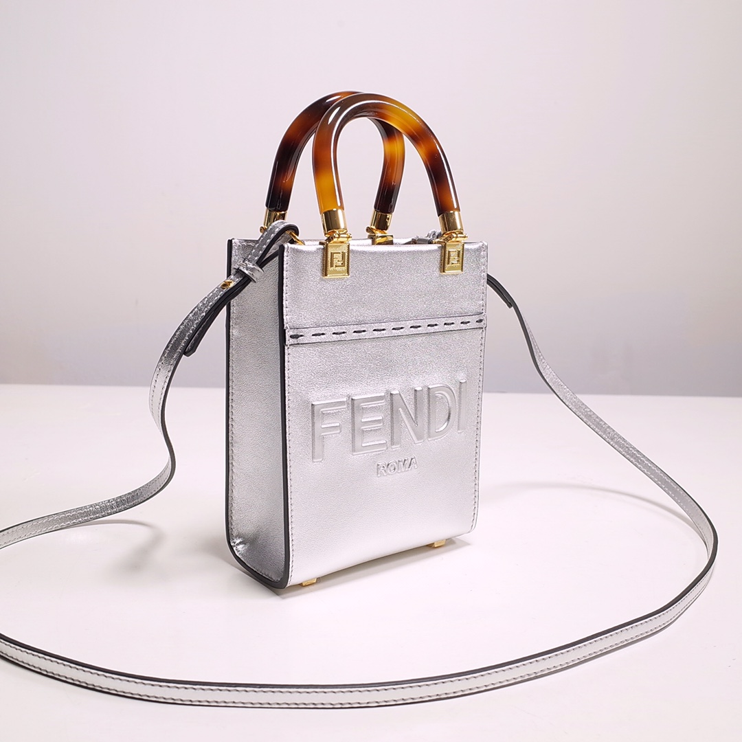 Fendi Mini Sunshine Shopper Bag In Silver Laminated Leather (13-18-6.5CM) - EUR FASHION