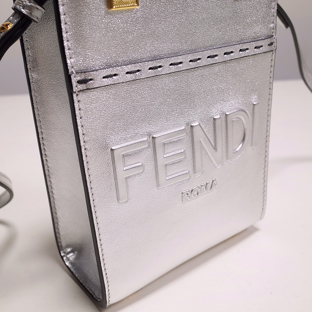 Fendi Mini Sunshine Shopper Bag In Silver Laminated Leather (13-18-6.5CM) - EUR FASHION