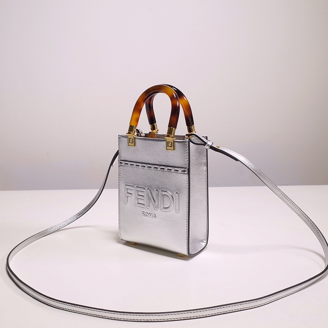 Fendi Mini Sunshine Shopper Bag In Silver Laminated Leather (13-18-6.5CM) - EUR FASHION