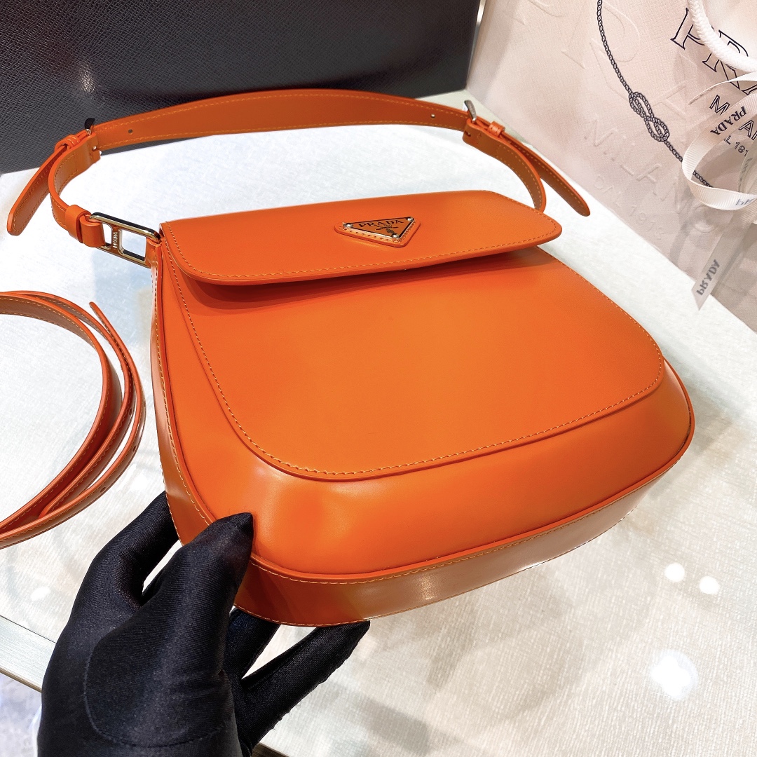 Prada Cleo Brushed Leather Shoulder Bag In Orange(24-19-6cm)   1BD303 - EUR FASHION