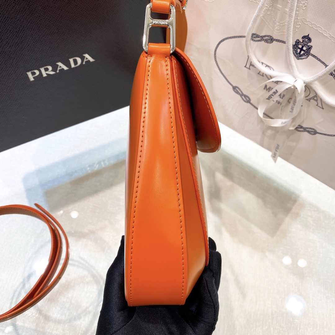 Prada Cleo Brushed Leather Shoulder Bag In Orange(24-19-6cm)   1BD303 - EUR FASHION
