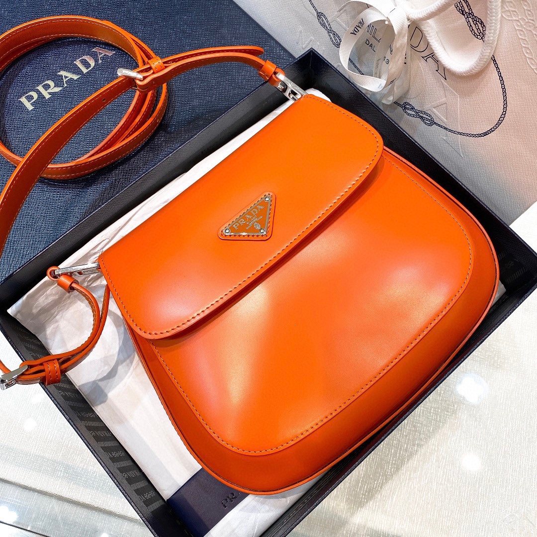 Prada Cleo Brushed Leather Shoulder Bag In Orange(24-19-6cm)   1BD303 - EUR FASHION