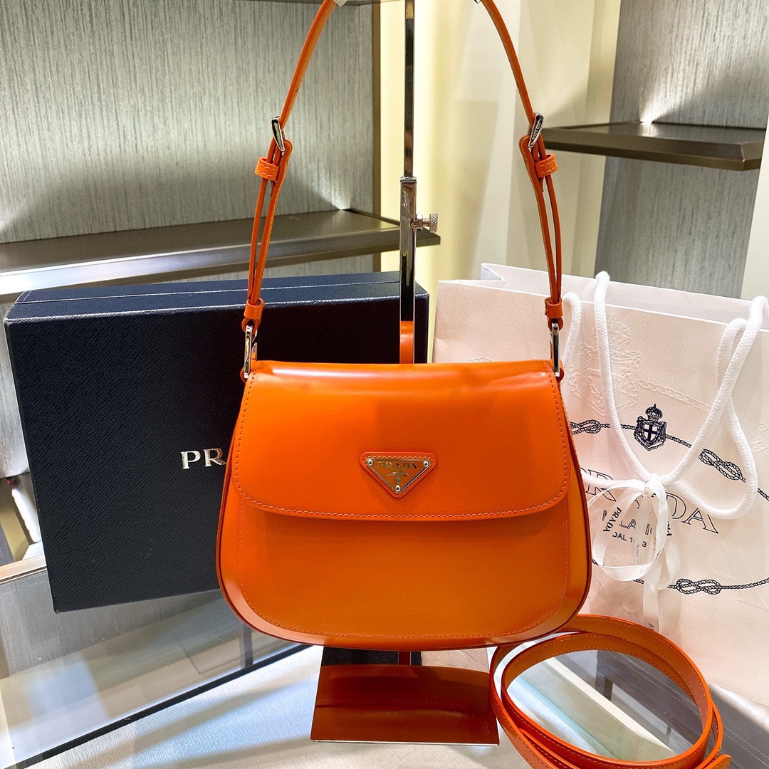Prada Cleo Brushed Leather Shoulder Bag In Orange(24-19-6cm)   1BD303 - EUR FASHION