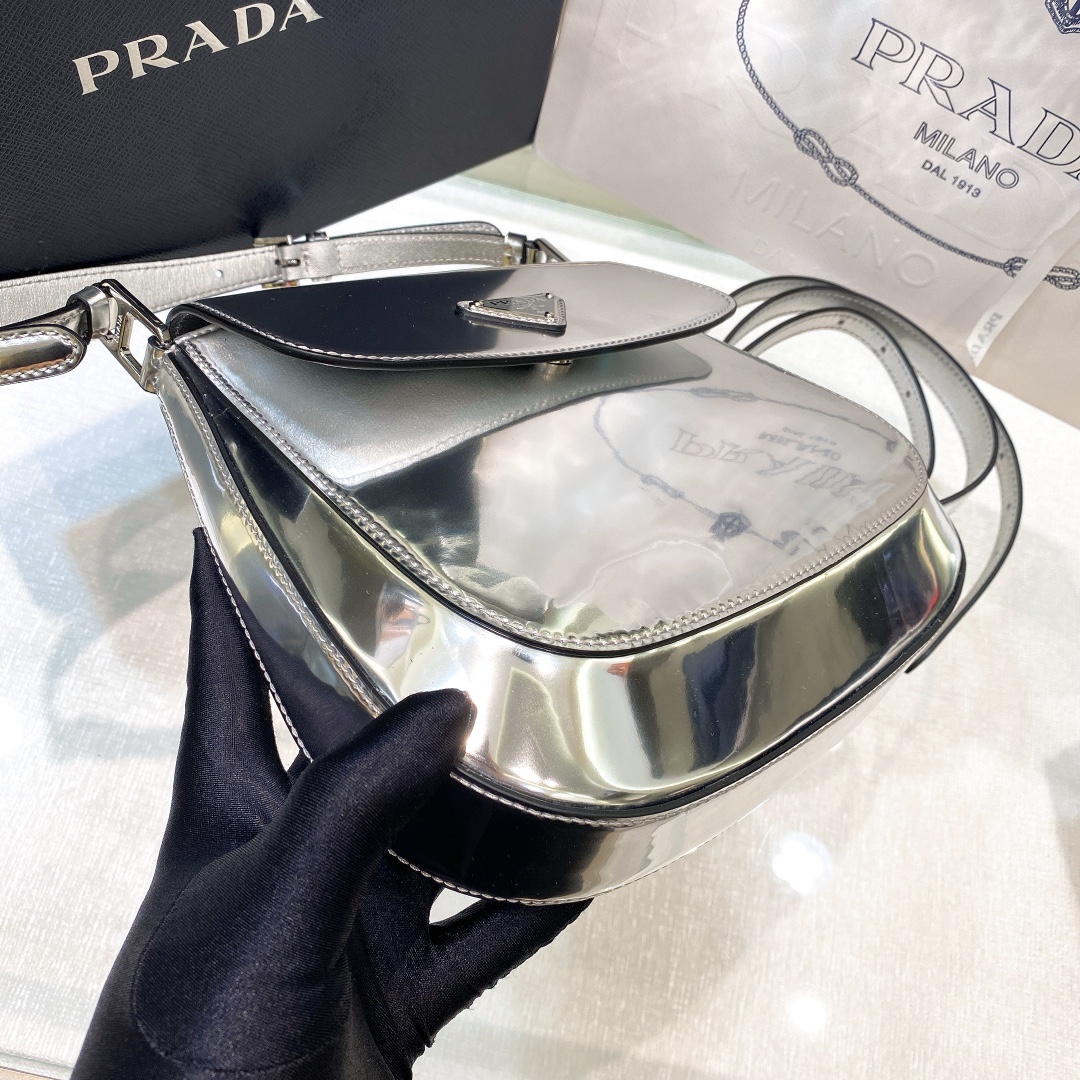 Prada Cleo Brushed Leather Shoulder Bag In Silver(24-19-6cm)   1BD303 - EUR FASHION